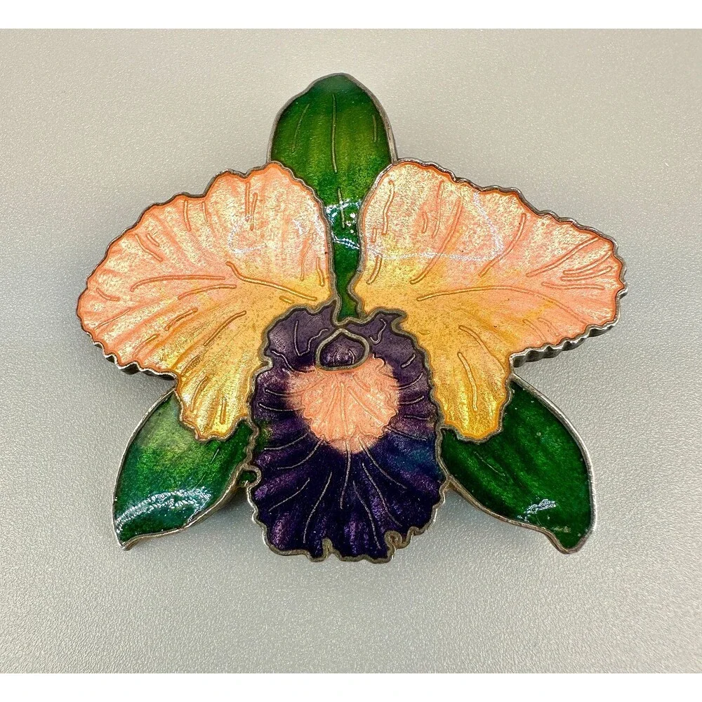 Vintage Cloisonne Flower Brooch Peach Purple Green Orchid Iridescent Enamel 2